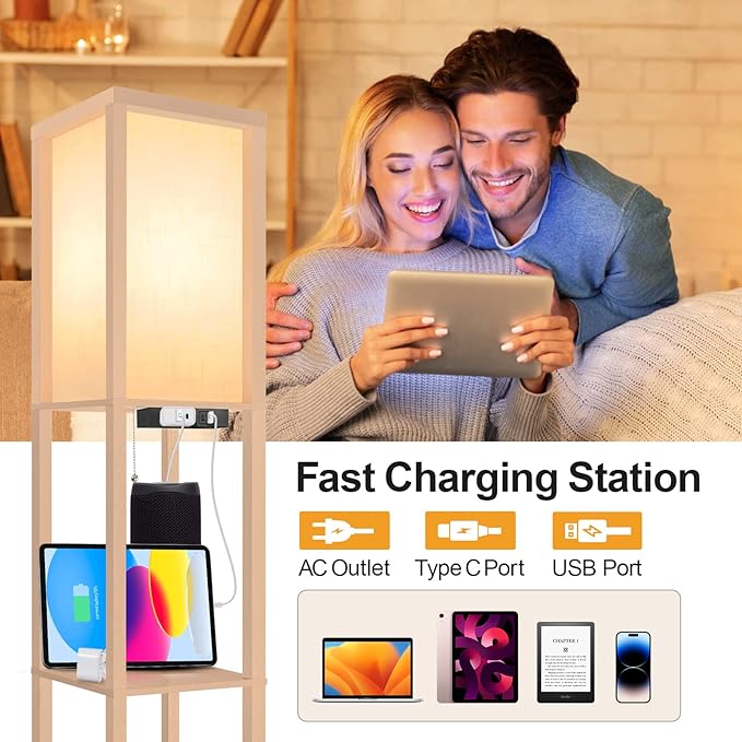 OUTON Floor Lamp with Shelves, LED Shelf Floor Lamp with 1 USB & 1 Type C Ports, 1 AC Outlet, 3 Color Temperature, Storage Display Wood Column Tall Standing Lamp for Living Room, Bedroom Office, Wood - LeafyLoom