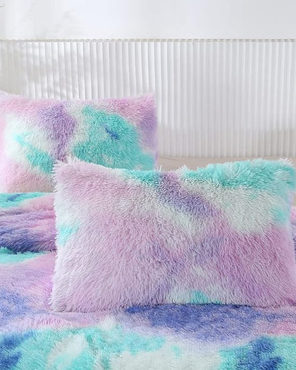 WINLIFE Shaggy Bedding Comforter Set Faux Fur Flannel Furry Comforter Plush Comforter Sets Pastel Gradient Ombre Tie Dye Purple Blue Teal Bedding for Girls Adults (3Pcs, Twin, Teal Purple) - LeafyLoom