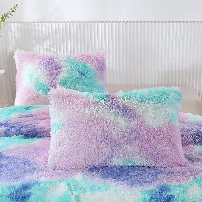 WINLIFE Shaggy Bedding Comforter Set Faux Fur Flannel Furry Comforter Plush Comforter Sets Pastel Gradient Ombre Tie Dye Purple Blue Teal Bedding for Girls Adults (3Pcs, Twin, Teal Purple) - LeafyLoom