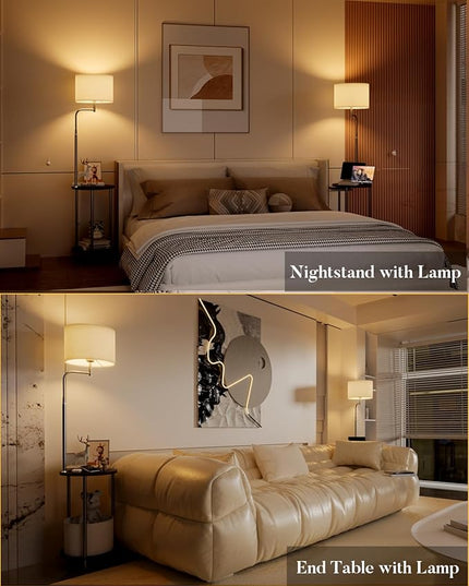 Lightdot 57IN Floor Lamp with Shelves, Mid Century Modern Standing Lamps with Bulb and Storage Bag Included, Black Pole End Table with Lamp Attached for Living Room Bedroom - LeafyLoom