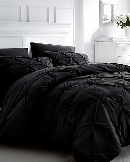 Ubauba 7pc Black Queen Comforter Set with Sheets, 7 Piece Pintuck Bed in a Bag, Queen Size Bed Set for All Seasons, Pinched Pleat Bedding Sets (Black,Queen) - LeafyLoom