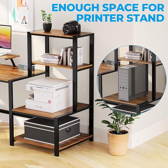 GreenForest Computer Desk 67 inch with Storage Printer Shelf Reversible Home Office Desk Large Study Writing Table with Movable Monitor Stand and 2 Headphone Hooks for PC Gaming Working, Walnut - LeafyLoom