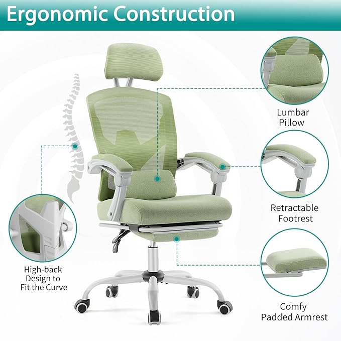 MCQ Office Computer Desk Chair, Gaming Chairs for Adults, High-Back Mesh Rolling Swivel Reclining Chairs with Wheels, Comfortable Lumbar Support, Comfy Arms for Home, Office, Gaming, Student, Green - LeafyLoom
