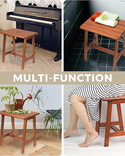 Rectangular Acacia Wood Stool (16.7"D x 13"W x 17.7"H) Small Bench Seat, Small End Table Stool, Bathroom Stool Wood, Plant Stool, Makeup Stool, Perfect Size for Living Room,Bathroom(Light Brown Color) - LeafyLoom