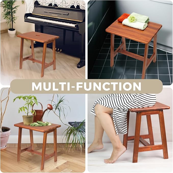 Rectangular Acacia Wood Stool (16.7"D x 13"W x 17.7"H) Small Bench Seat, Small End Table Stool, Bathroom Stool Wood, Plant Stool, Makeup Stool, Perfect Size for Living Room,Bathroom(Light Brown Color) - LeafyLoom