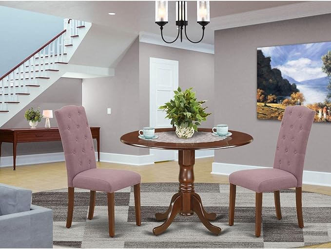 East West Furniture DLCE3-MAH-10 Dublin 3 Piece Dinette Set for Small Spaces Contains a Round Table with Dropleaf and 2 Dahlia Linen Fabric Parsons Dining Chairs, 42x42 Inch, Mahogany - LeafyLoom