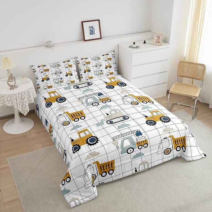 Kids Cute Cars Bedding Set Boys Cartoon Truck Tractor Cargo Comforter Set Machinery Bulldozer Crane Comforter Black White Grid Duvet Set Bright Decor Quilt Full Size Boys - LeafyLoom