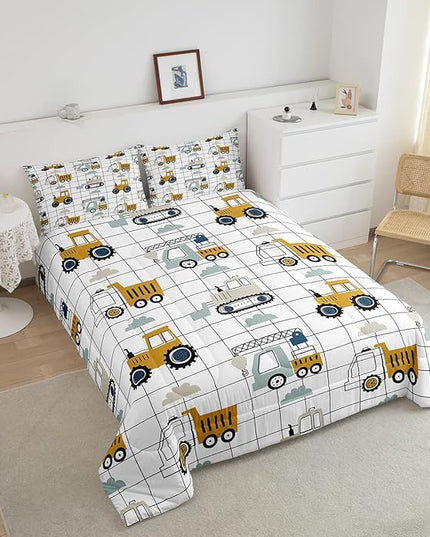 Kids Cartoon Car Comforter Set Boys Cute Excavator Tractor Comforter Toddler Construction Bedding Set Children Vehicles Truck Cars Quilt Set Black White Grid Duvet Set Bright Bedroom Decor Queen Size - LeafyLoom