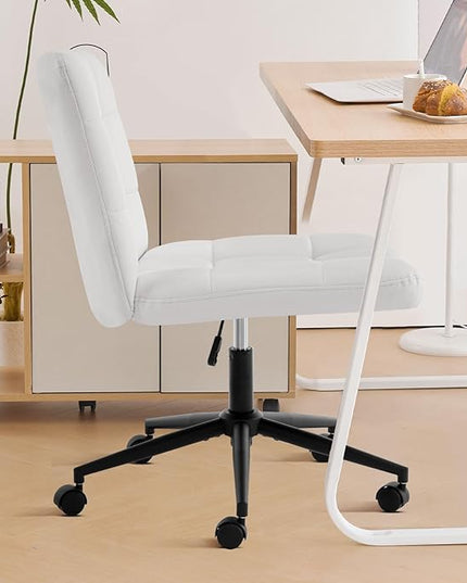 Furniliving Home Office Desk Chair with Wheels,Criss Cross Legged Wide Chair Armless Height Adjustable Chair with Mid Back PU-Padded Swivel Accent Vanity Chairs,IvoryWhite - LeafyLoom