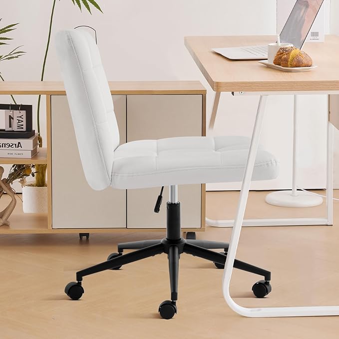 Furniliving Home Office Desk Chair with Wheels,Criss Cross Legged Wide Chair Armless Height Adjustable Chair with Mid Back PU-Padded Swivel Accent Vanity Chairs,IvoryWhite - LeafyLoom