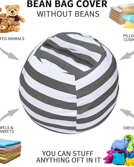 2 PCS Stuffed Animal Storage Bean Bag Chair Cover, Cotton Canvas Beanbag with Zipper for Organizing Kid's and Adults Room Grey 24" - LeafyLoom