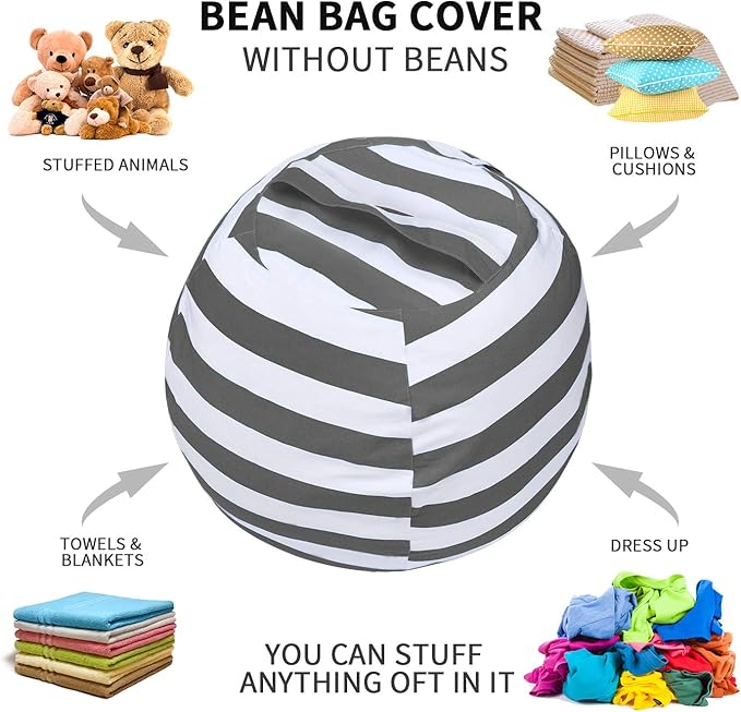 2 PCS Stuffed Animal Storage Bean Bag Chair Cover, Cotton Canvas Beanbag with Zipper for Organizing Kid's and Adults Room Grey 24" - LeafyLoom