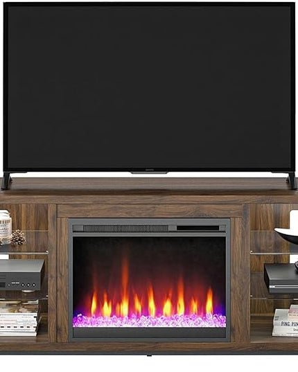 Ameriwood Home Lumina Fireplace TV Stand for TVs up to 70 Inch, Replaceable Electric Fireplace Insert Heater, Remote Control, Timer, Color Changing LED Lights, Crystal Ember Flames, Walnut - LeafyLoom