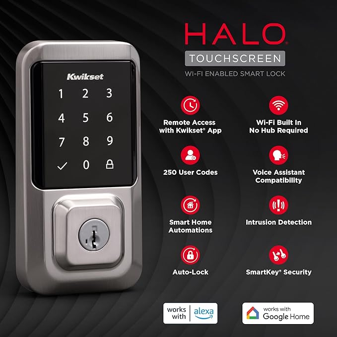 Kwikset Halo Wi-Fi Smart Lock, Keyless Entry Door Deadbolt, Geofence Auto-Unlock, Grade AAA Certified, No Hub Easy Install, Satin Nickel Lifetime Finish Warranty, Touchscreen Kwikset
