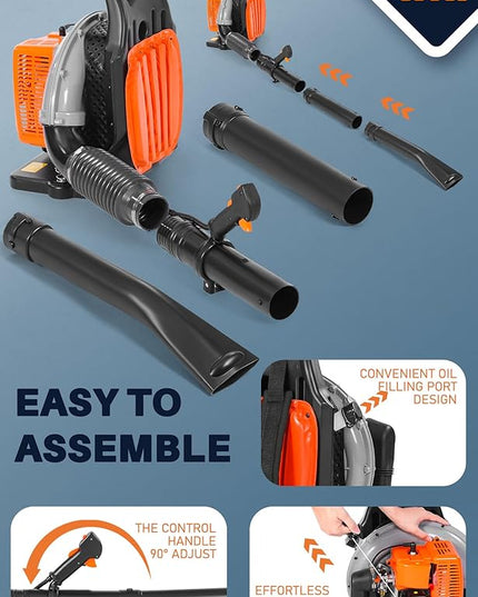 HTK 63CC Gas Backpack Leaf Blower - 2-Stroke Engine, High-Velocity 665CFM, Ergonomic & Low-Vibration, Cruise Control, Ideal for Year-Round Yard Maintenance (63CC Backpack Blower) - LeafyLoom