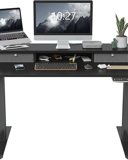 FEZIBO 40 x 24 Inch Height Adjustable Electric Standing Desk with Double Drawer, Stand Up Desk with Storage Shelf, Sit Stand Desk, Black - LeafyLoom