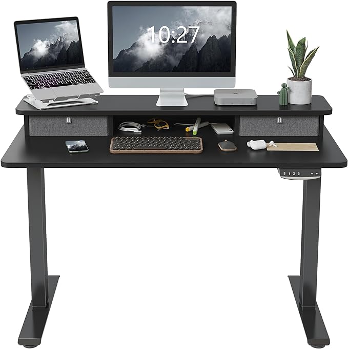 FEZIBO 40 x 24 Inch Height Adjustable Electric Standing Desk with Double Drawer, Stand Up Desk with Storage Shelf, Sit Stand Desk, Black - LeafyLoom