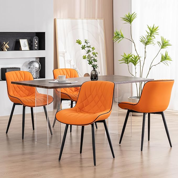 YOUNUOKE Dining Chairs Set of 2 Mid Century Modern Kitchen Chair Comfortable Upholstered Faux Leather Dinner Chairs for Kitchen Dining Room, Orange - LeafyLoom