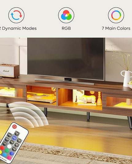 Bestier Mid Century Modern TV Stand for 75 inch TV, LED Entertainment Center with Storage and Sliding Doors, Low Profile TV Consoles for Living Room, Ancona Walnut - LeafyLoom