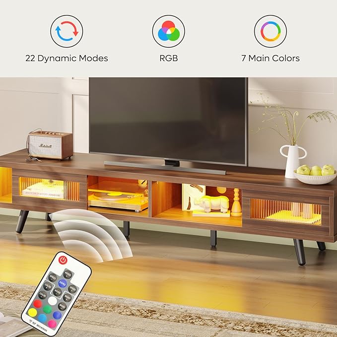 Bestier Mid Century Modern TV Stand for 75 inch TV, LED Entertainment Center with Storage and Sliding Doors, Low Profile TV Consoles for Living Room, Ancona Walnut - LeafyLoom
