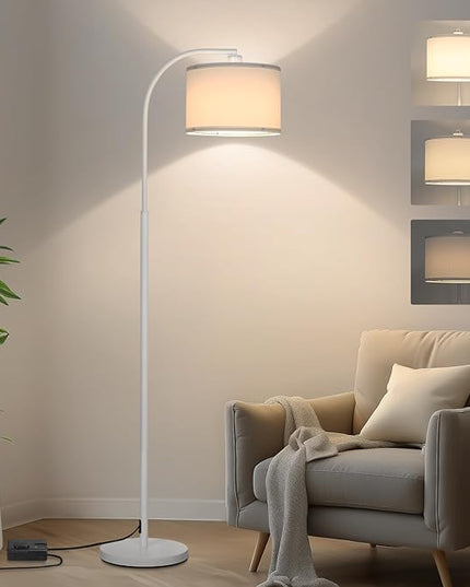 Floor lamps for Living Room, White Arc Floor Lamp with Stepless Dimmer, Modern Standing Lamp with Adjustable Drum Shade, Tall Pole Lamp for Bedroom Study Room Office, 9W 3000K LED Bulb Included - LeafyLoom