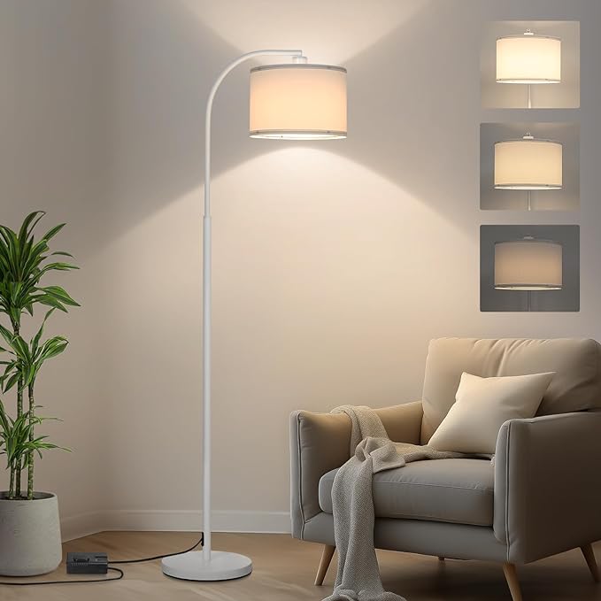 Floor lamps for Living Room, White Arc Floor Lamp with Stepless Dimmer, Modern Standing Lamp with Adjustable Drum Shade, Tall Pole Lamp for Bedroom Study Room Office, 9W 3000K LED Bulb Included - LeafyLoom