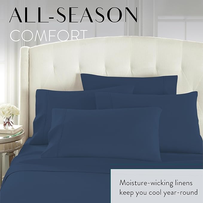 Danjor Linens Queen Sheet Set - 6 Piece Set Including 4 Pillowcases - Deep Pockets - Breathable, Soft Bed Sheets - Wrinkle Free - Machine Washable - Navy Sheets for Queen Size Bed - 6 pc - LeafyLoom