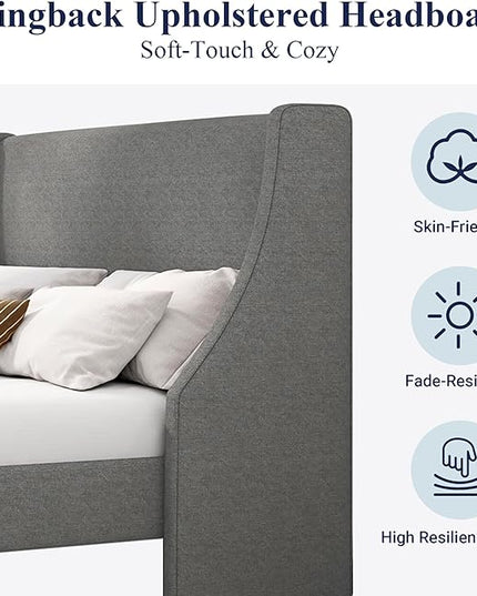 Allewie King Size Bed Frame, Platform Bed Frame with Upholstered Headboard, Modern Deluxe Wingback, Wood Slat Support, Mattress Foundation, Light Grey - LeafyLoom