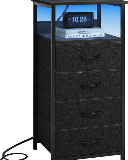 Fixwal Night Stand with Charging Station, LED Dresser for Bedroom Tall Nightstand with USB Ports and Outlets, 4 Fabric Storage Drawers with PU Finish, Bed Side Table, Black - LeafyLoom