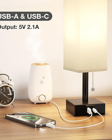 Gray Small Bedroom Lamp - 3 Color Temperature 3000K 5000K 4000K Bedside Lamp, Pull Chain Control, USB A and C Charging Ports, Black Base, for Kids Office Dorm, Bulb Included - LeafyLoom