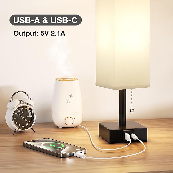 Gray Small Bedroom Lamp - 3 Color Temperature 3000K 5000K 4000K Bedside Lamp, Pull Chain Control, USB A and C Charging Ports, Black Base, for Kids Office Dorm, Bulb Included - LeafyLoom
