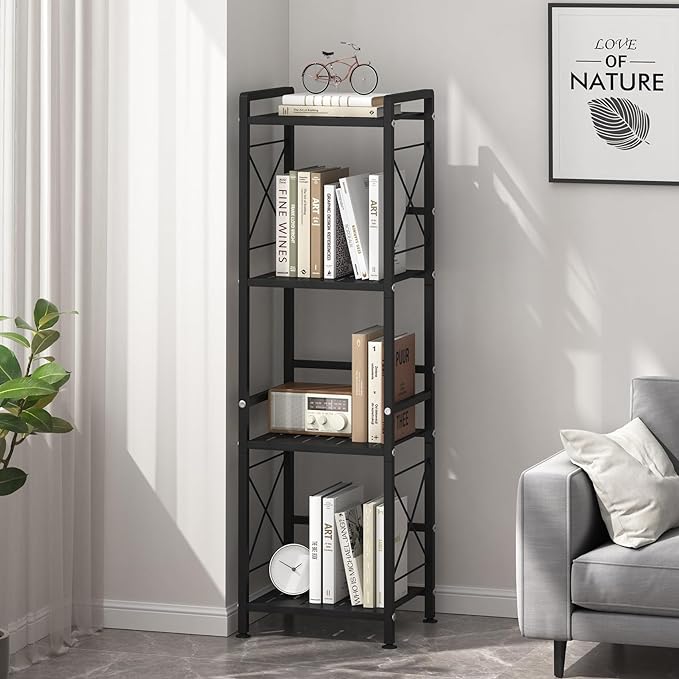 JSB 4 Tier Metal Bookshelf Bathroom Storage Standing Shelf Unit Kitchen Storage Organizer Display Rack Bookcases Shelves for Living Room, Bedroom, Office (Black, 4 Tier) - LeafyLoom