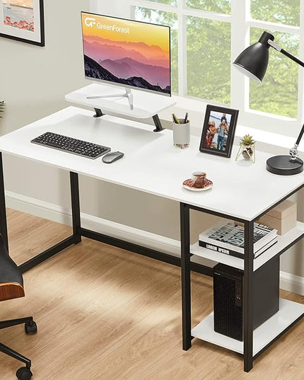 GreenForest Computer Home Office Desk with Monitor Stand and Reversible Storage Shelves,55 inch Modern Simple Writing Study PC Work Table,White - LeafyLoom