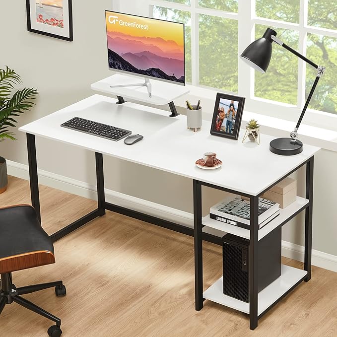 GreenForest Computer Home Office Desk with Monitor Stand and Reversible Storage Shelves,55 inch Modern Simple Writing Study PC Work Table,White - LeafyLoom