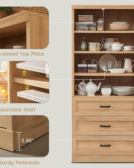 72" Tall Bookshlef with 3 Drawers, Farmhouse 4-Tier Bookcase with Adjustable Shlef, Wooden Storage Cabinet for Living Room, Kitchen, Home Office, Dining Room, Natural - LeafyLoom