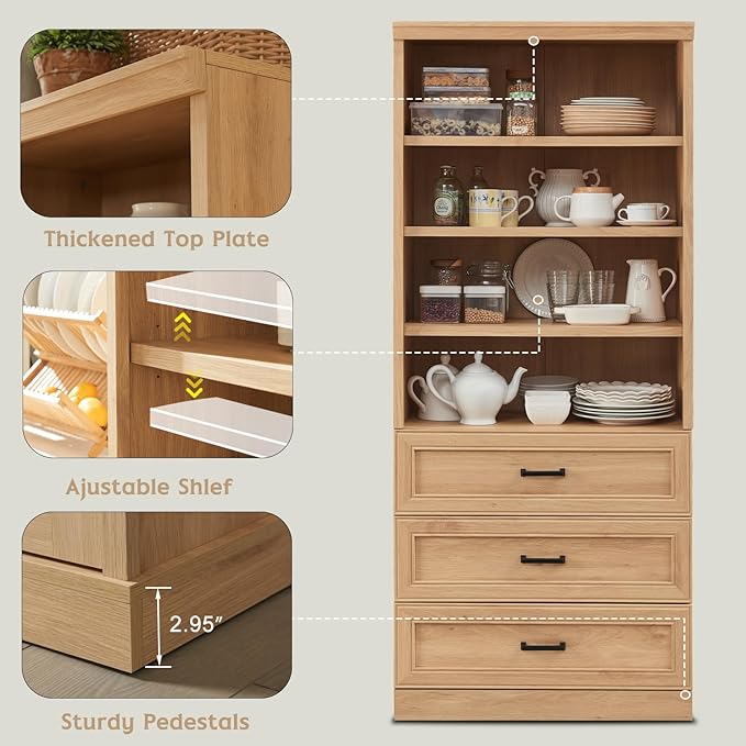 72" Tall Bookshlef with 3 Drawers, Farmhouse 4-Tier Bookcase with Adjustable Shlef, Wooden Storage Cabinet for Living Room, Kitchen, Home Office, Dining Room, Natural - LeafyLoom