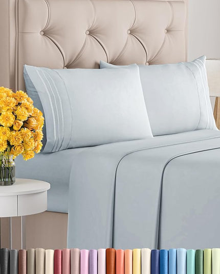 Cal King Size 4 Piece Sheet Set - Comfy Breathable & Cooling Sheets - Hotel Luxury Bed Sheets for Women & Men - Deep Pockets, Easy-Fit, Soft & Wrinkle Free Sheets - Sky Blue Oeko-Tex Bed Sheet Set - LeafyLoom