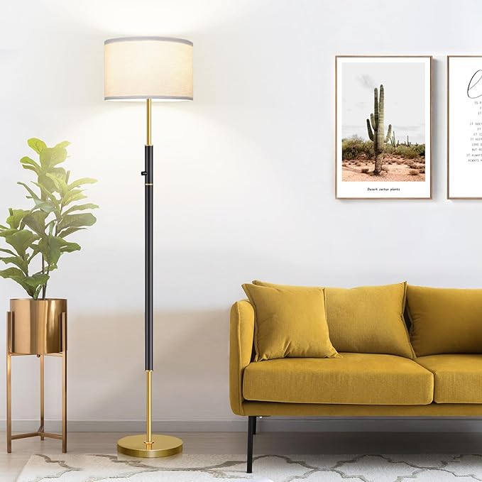 【Upgraded】 Dimmable Floor Lamp for Living Room, 1100 Lumens LED Edison Bulb Included, Simple Standing Lamp with Linen Lamp Shade, Modern Tall Lamp for Living Room Bedroom Office - Black and Gold - LeafyLoom