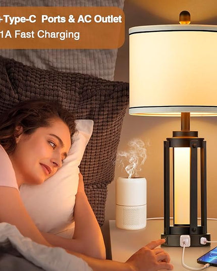 25" Modern Table Lamps Set of 2, Industrial Beside Lamps with USB A+C Charging Ports & AC Outlet, Nightstand Lamp with Glass Night Light for Living Room Bedroom End Table Decor White(4 Bulbs Included) - LeafyLoom