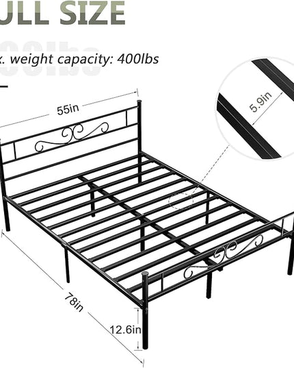 VECELO Full Size Bed Frame with Headboard, 14 Inch Metal Platform Mattress Foundation, No Box Spring Needed, Squeak Resistant, Easy Assembly, Matte Black - LeafyLoom