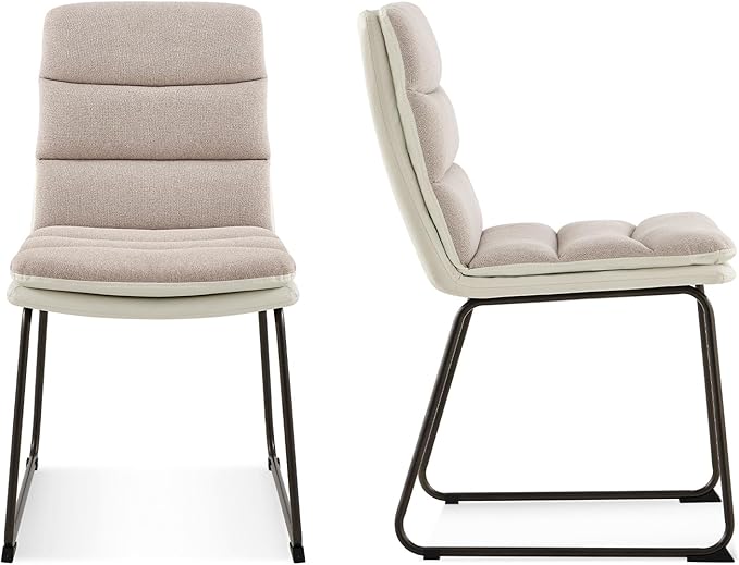 COLAMY Dining Chairs Set of 2, Modern Waffle Fabric Dining Chairs, Faux Leather Kitchen Chairs with Back for Dining Living Waiting Room, Light Brown - LeafyLoom