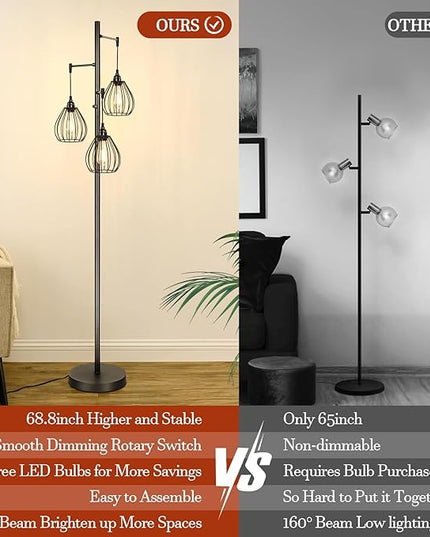 Dimmable Floor Lamp, Farmhouse Industrial Standing Lamp with 3 PCS 7W LED Edison Bulbs & 3 Light Elegant Teardrop Cage Heads, Black Rustic Tree Tall Vintage Pole Lamps for Living Room Bedroom Office - LeafyLoom