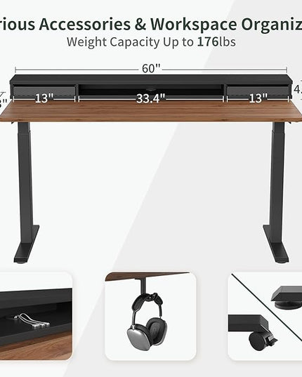 FEZIBO 60 x 24 Inch Height Adjustable Electric Standing Desk with Double Drawers, Stand Up Desk with LED Strips, Sit Stand Desk with Monitor Stand, Blcak Walnut - LeafyLoom