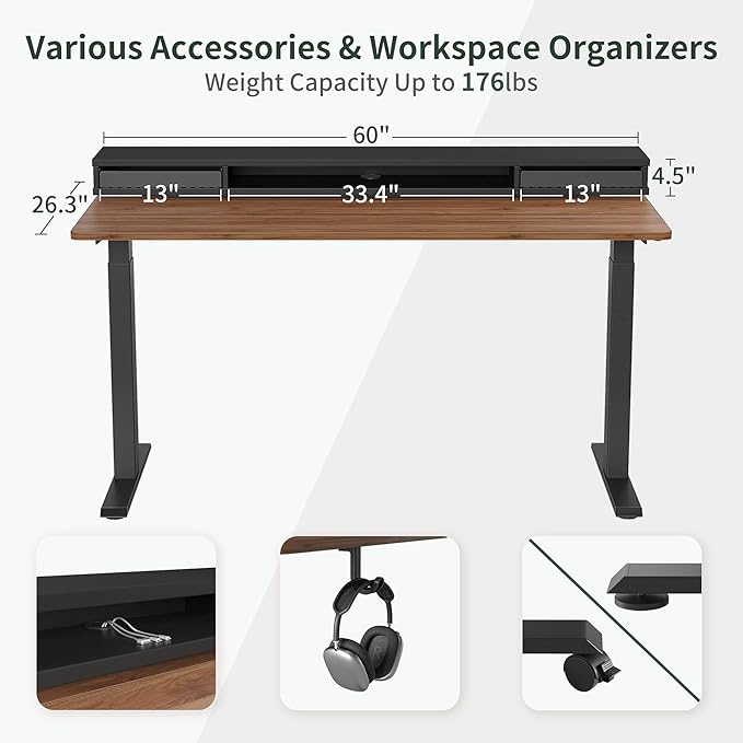 FEZIBO 60 x 24 Inch Height Adjustable Electric Standing Desk with Double Drawers, Stand Up Desk with LED Strips, Sit Stand Desk with Monitor Stand, Blcak Walnut - LeafyLoom