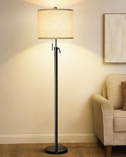 Adjustable Height Floor Lamp for Living Room, Black Standing Lamp, Floor Lamp for Bedroom Office, Modern Tall Floor Lamp with Linen Shade, 3-Way Dimmable 8W 3000K LED Blub Included (Black) - LeafyLoom