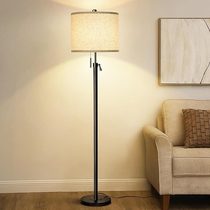 Adjustable Height Floor Lamp for Living Room, Black Standing Lamp, Floor Lamp for Bedroom Office, Modern Tall Floor Lamp with Linen Shade, 3-Way Dimmable 8W 3000K LED Blub Included (Black) - LeafyLoom