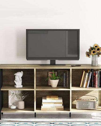 Horizontal Bookshelf Bookcase,6 Cube Storage Organizer with Open Shelf,47 Inch Industrial Low Wide Wood and Metal Cubby shelf,Long shelving unit for Home Office Living Room(Rustic Oak,6 Cube) - LeafyLoom