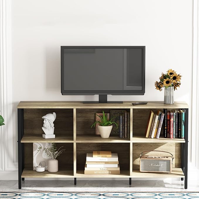 Horizontal Bookshelf Bookcase,6 Cube Storage Organizer with Open Shelf,47 Inch Industrial Low Wide Wood and Metal Cubby shelf,Long shelving unit for Home Office Living Room(Rustic Oak,6 Cube) - LeafyLoom