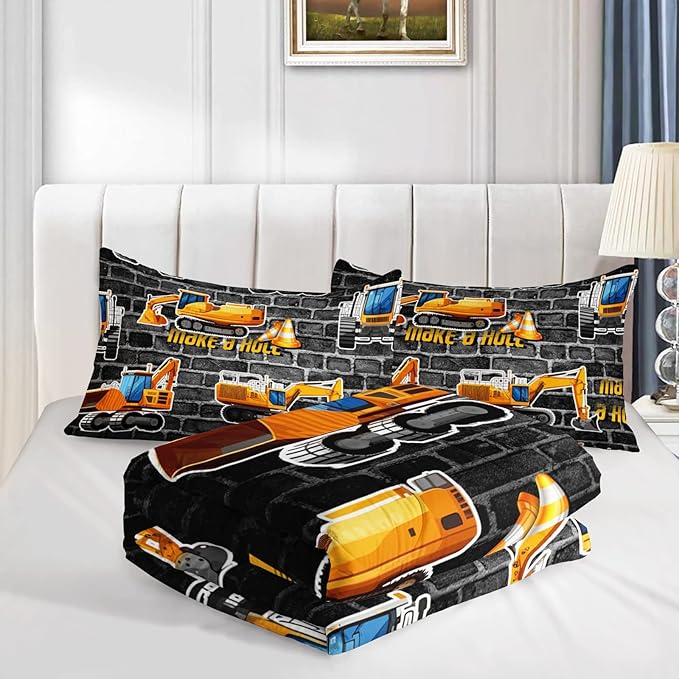 Axolotl Excavator Bedding Set Full Size,Yellow Excavator Bed Comforter for Kids Boys Teens,Tractor Truck Bedding Set for Boys,Construction Bedding Set for Boys,1 Quilt 2 Pillowcases,Deep Grey - LeafyLoom