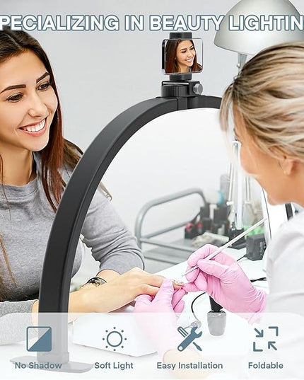 MYSWEETY Foldable Half Moon Light for Nail Desk, 29 Inch Led Nail Tech Desk Lamp, Half Moon Table Lamp with Phone Holder, Esthetician Lash Light for Eyelash Extensions, Tattoo, Eyebrow(Black) - LeafyLoom